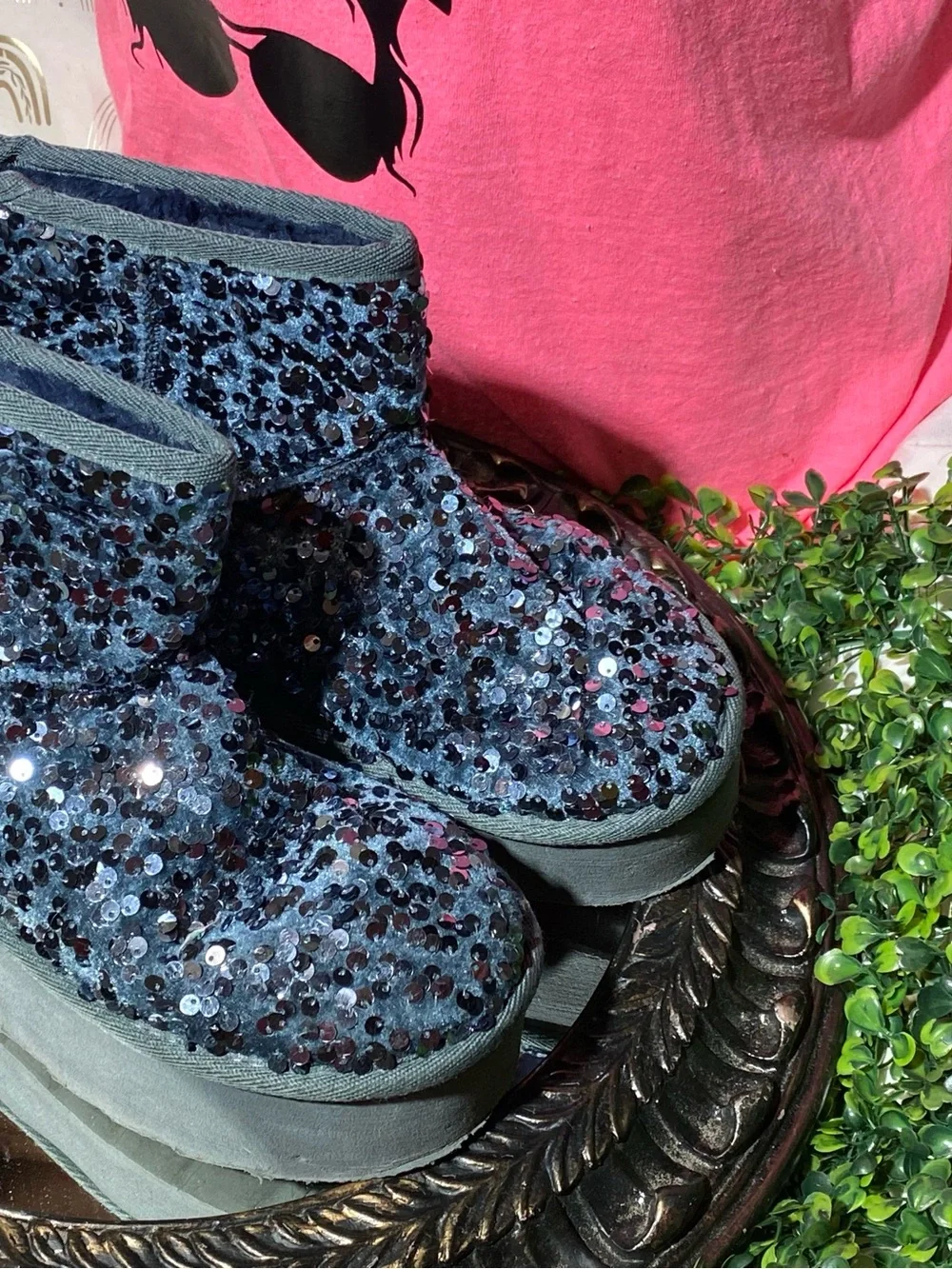 Shoe Dazzle Navy Sequin Platform Ankle Boots
